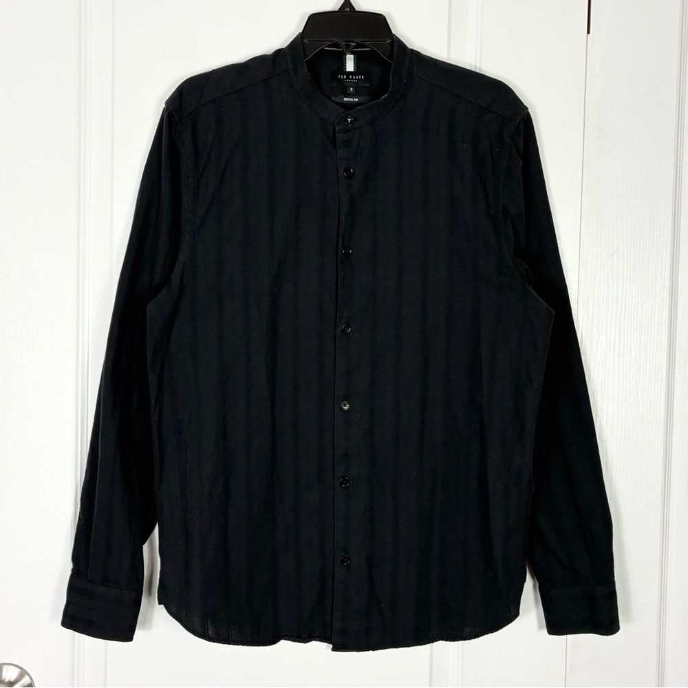 Ted Baker Black Button Shirt 3/M Fier Long Sleeve Mandarin Collar Minimalist